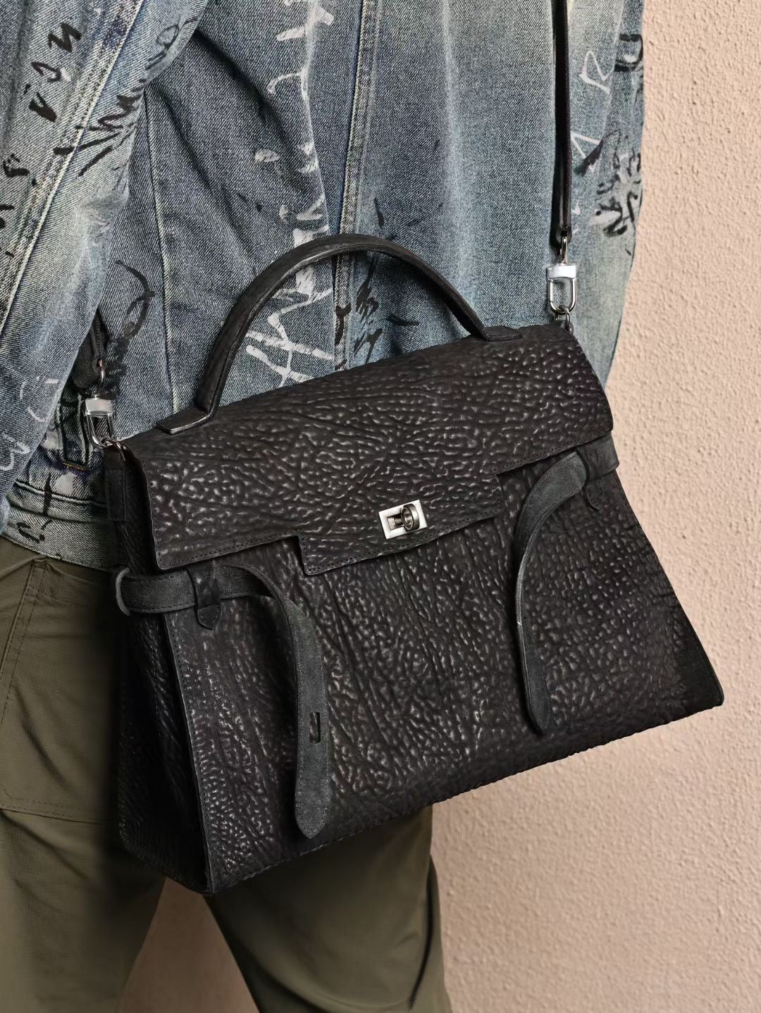 Genine Washed Cordovan Leather Top Handle Briefcase Bag