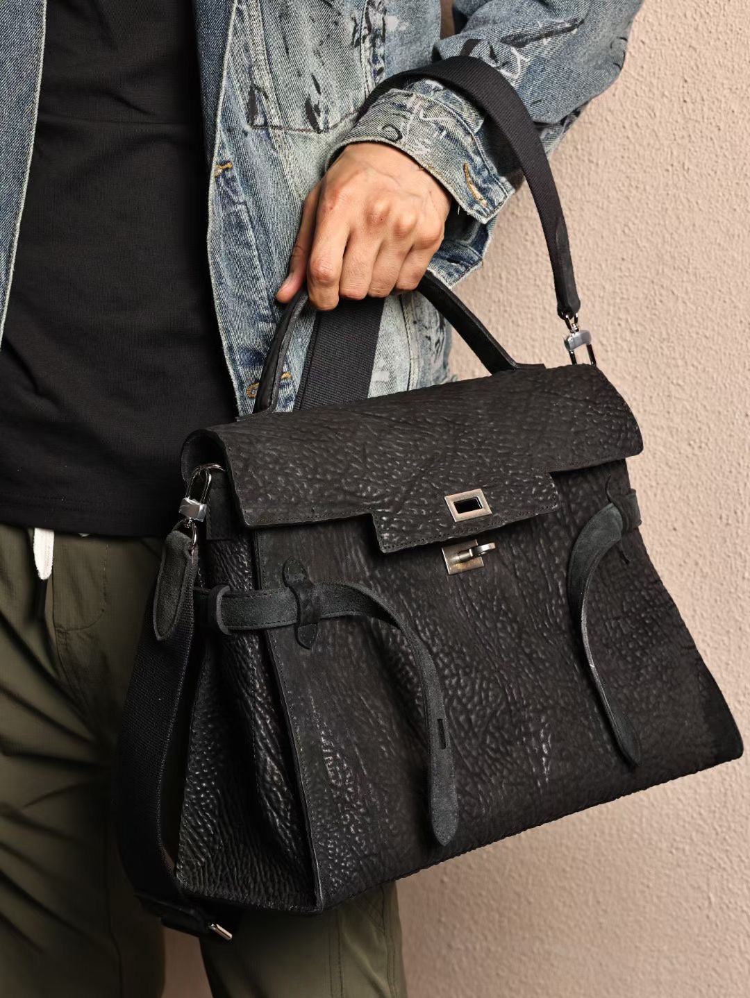 Genine Washed Cordovan Leather Top Handle Briefcase Bag