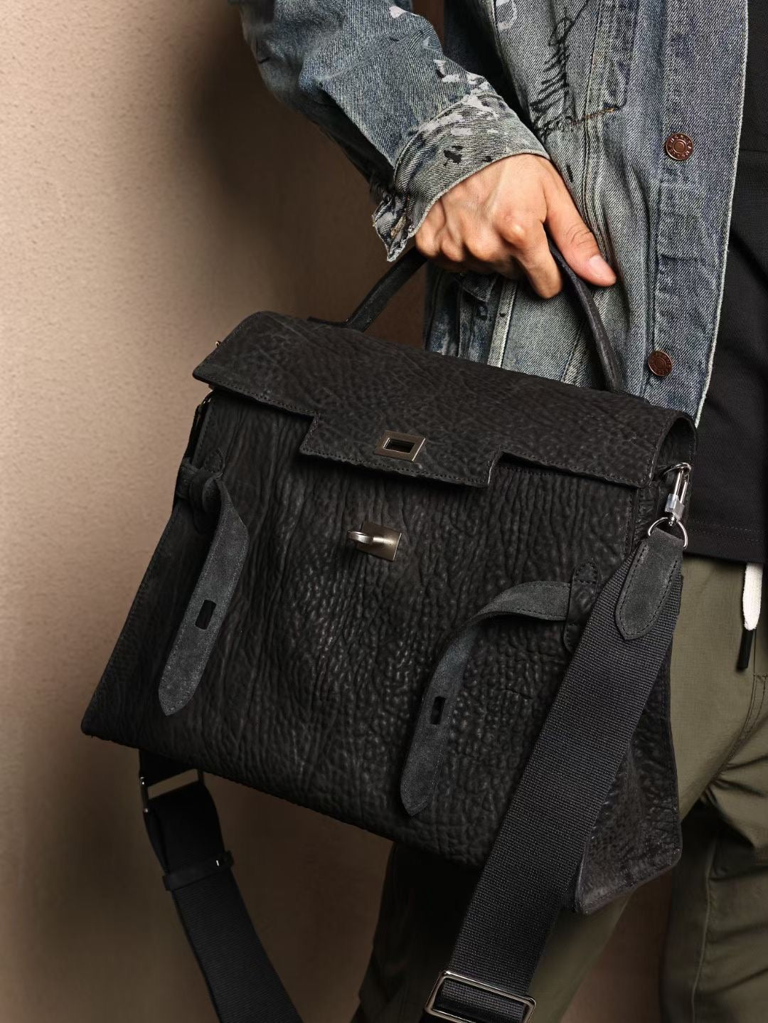 Genine Washed Cordovan Leather Top Handle Briefcase Bag