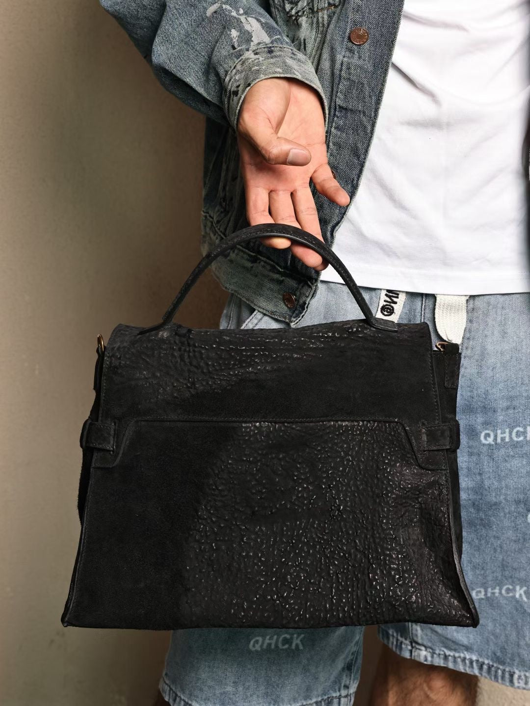 Genine Washed Cordovan Leather Top Handle Briefcase Bag