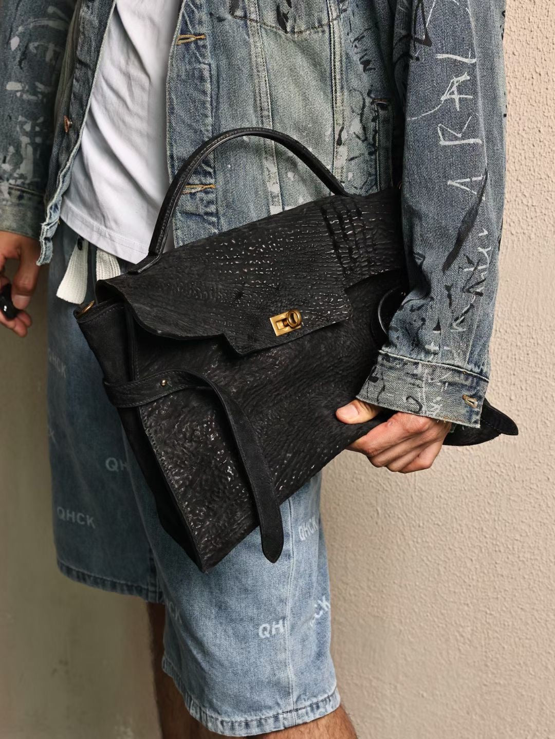 Genine Washed Cordovan Leather Top Handle Briefcase Bag