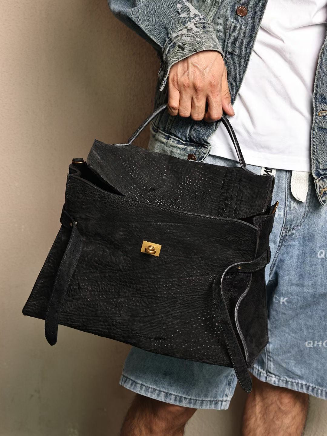 Genine Washed Cordovan Leather Top Handle Briefcase Bag