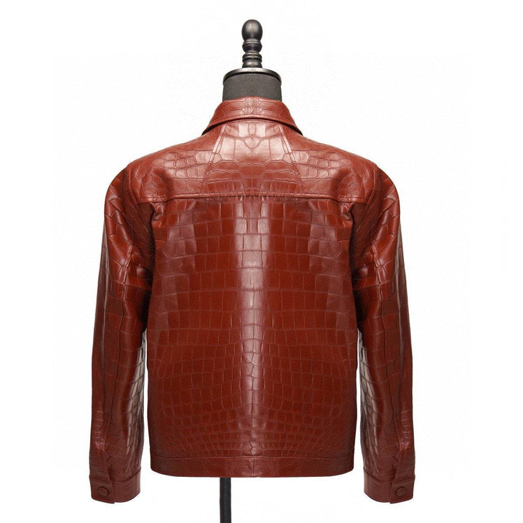 Crocodile Leather Jacket Zip Up Slim Fit Casual Trucker Coat Red
