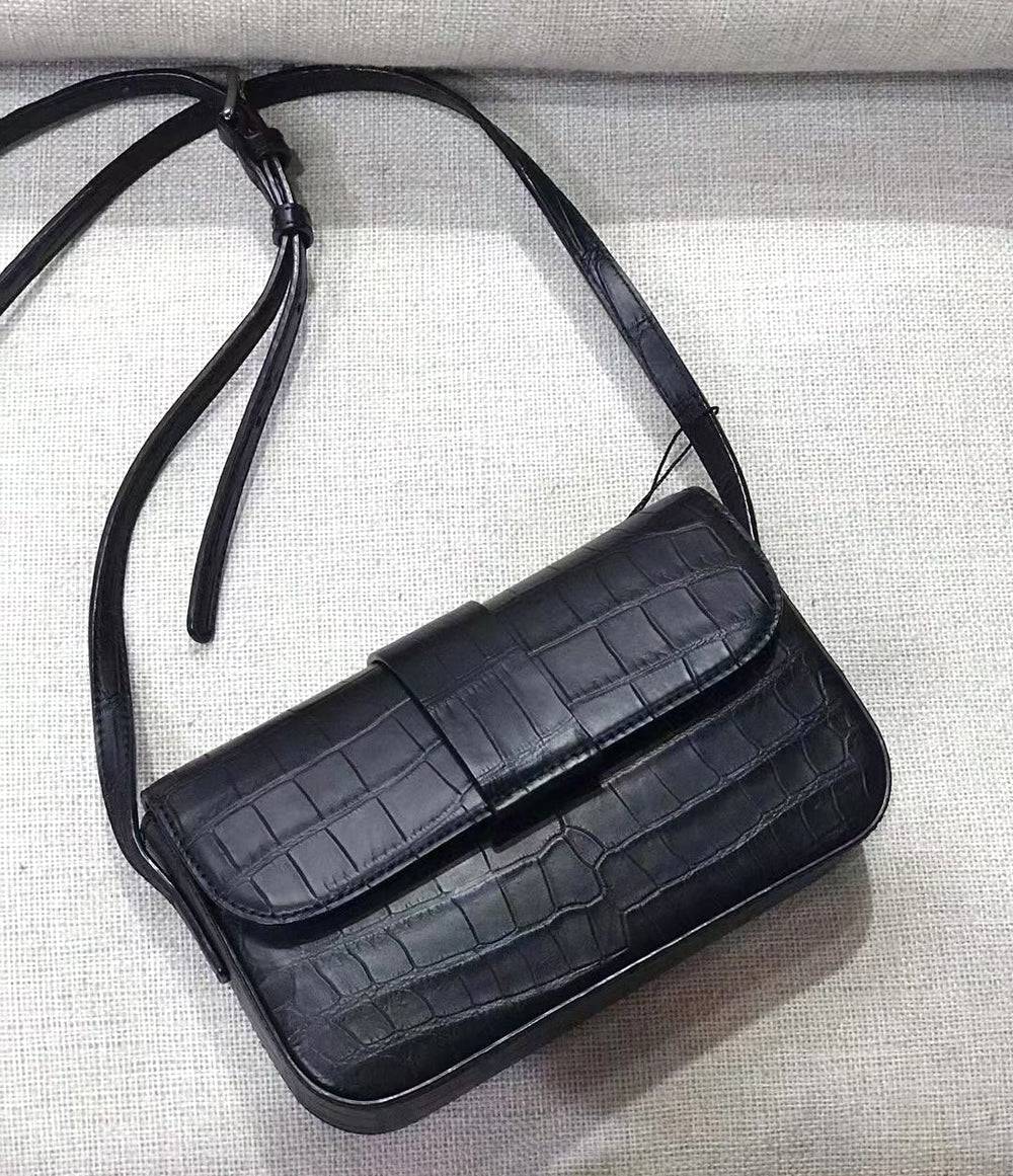 Crocodile Leather Small Cross Body Shoulder Bag Black