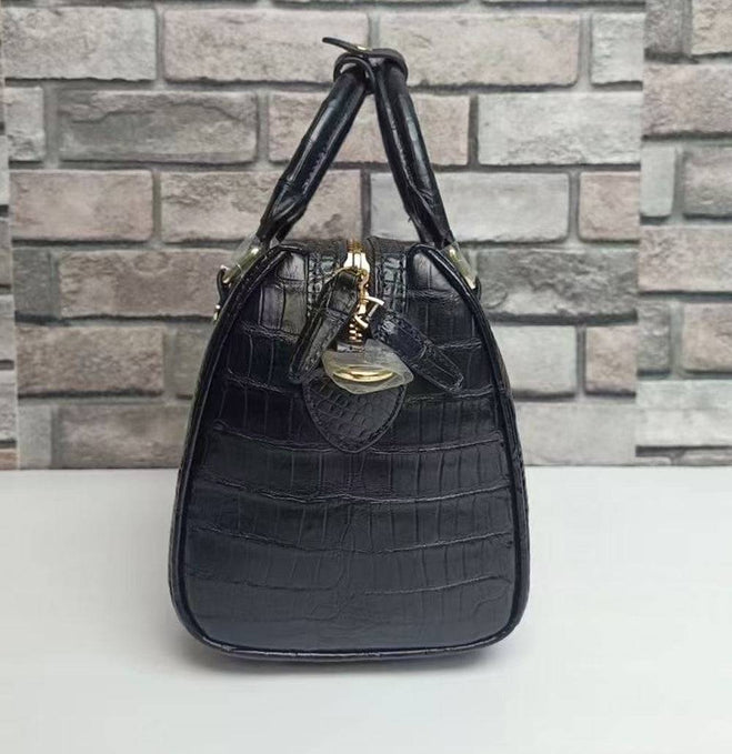 Crocodile Leather  Top Handle Boston Cross Body handbag Black
