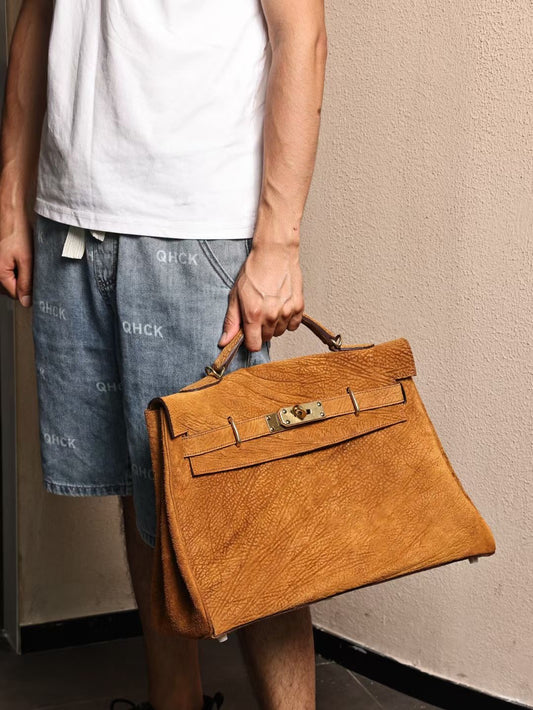 Genine Washed Vitnage Cordovan Leather Top Handle Satchel Bag Gold & Black