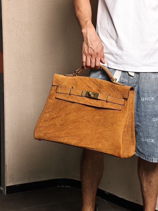 Genine Washed Vitnage Cordovan Leather Top Handle Satchel Bag Gold & Black