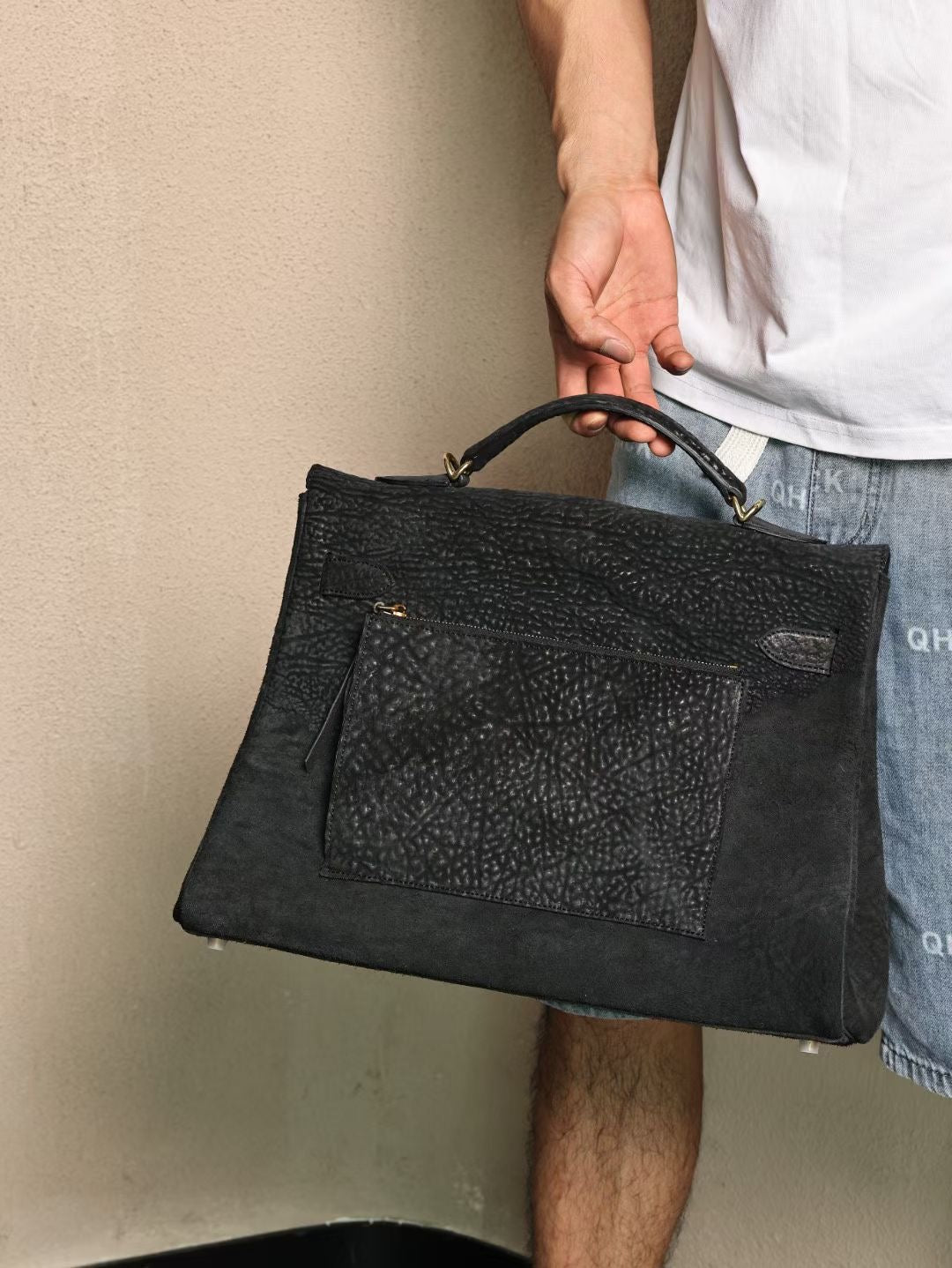 Genine Washed Vitnage Cordovan Leather Top Handle Satchel Bag Gold & Black