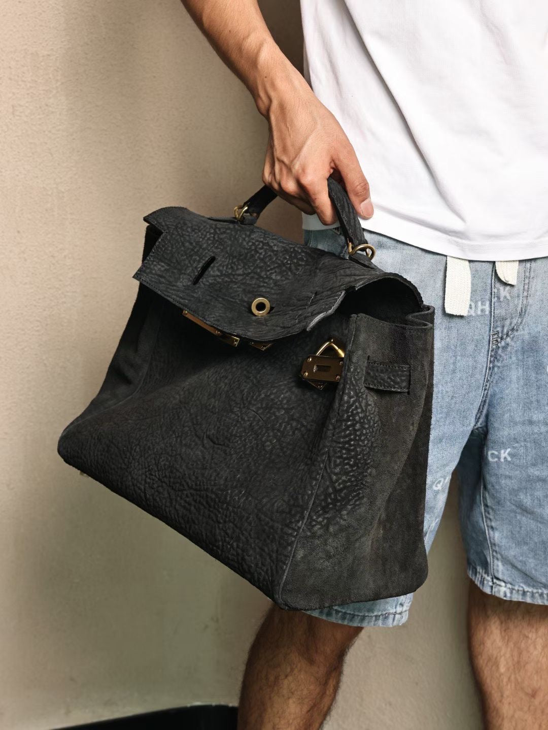 Genine Washed Vitnage Cordovan Leather Top Handle Satchel Bag Gold & Black