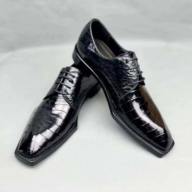 Crocodile Shoes Men's Crocodile Leather Lace-up Dress Shoes Square Toe Black Business Mens Shoes Free Shipping Size38-44