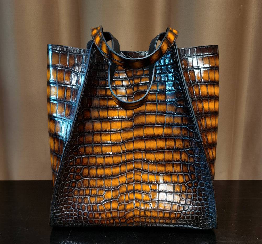 Crocodile Leather Shopper Tote Bag Vintage Brown