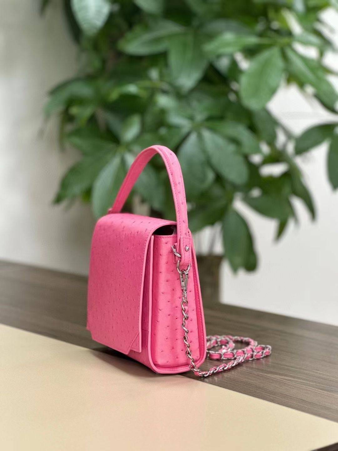 Ostrich Leather Top Handle Cross Body Bag Pink