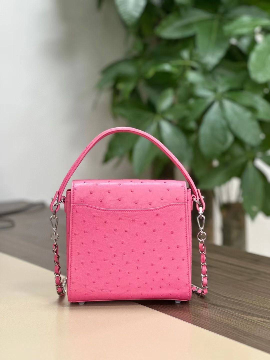 Ostrich Leather Top Handle Cross Body Bag Pink