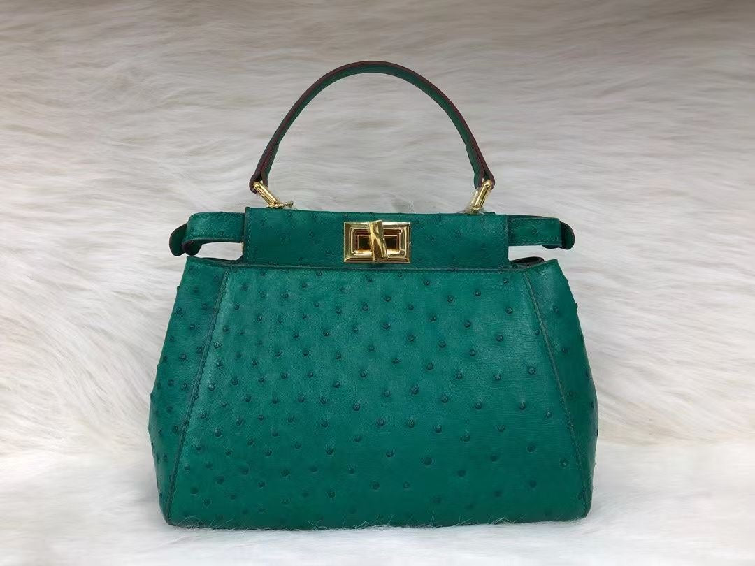 Womens Ostrich Leather Small Top Handle Cross Body Bag