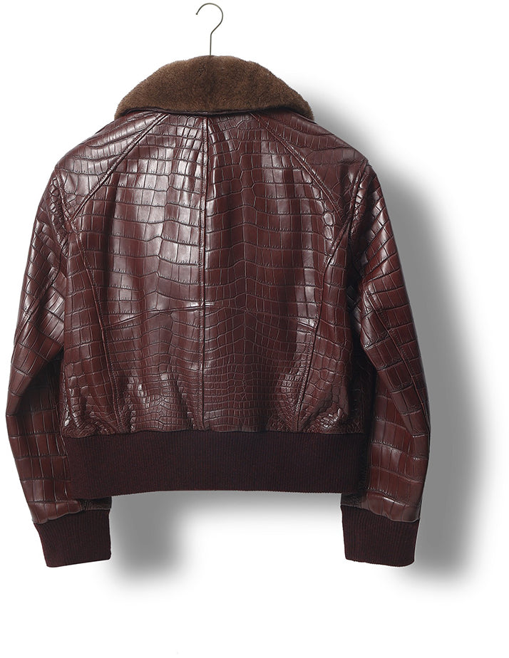 Unisex Crocodile Skin Leather Jacket With Removable Mint Fur Collar Biker Jackets