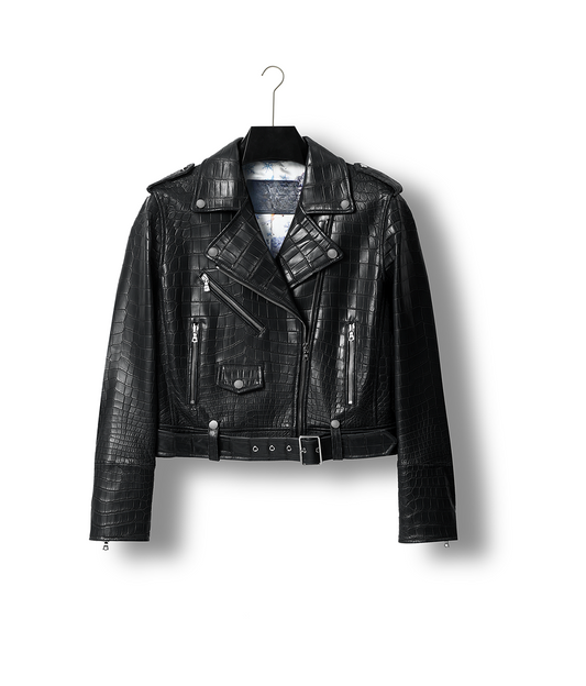 Womens Crocodile Leather BIiker Perfecto Jacket Black In Stock
