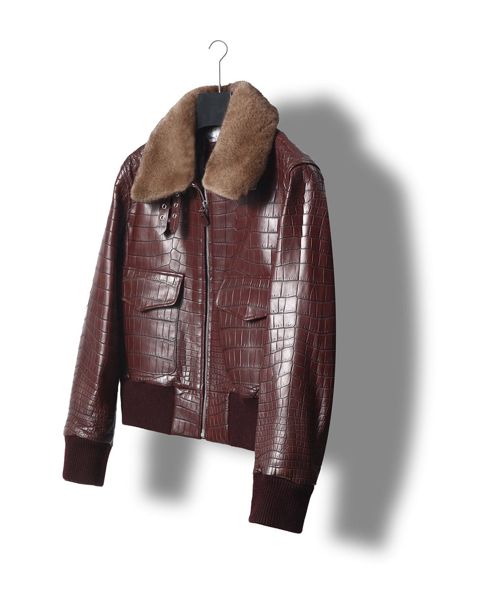 Unisex Crocodile Skin Leather Jacket With Removable Mint Fur Collar Biker Jackets