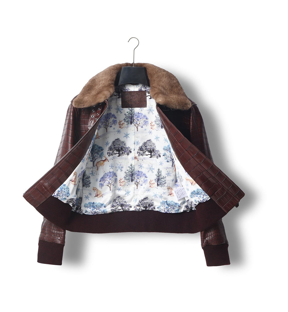 Unisex Crocodile Skin Leather Jacket With Removable Mint Fur Collar Biker Jackets