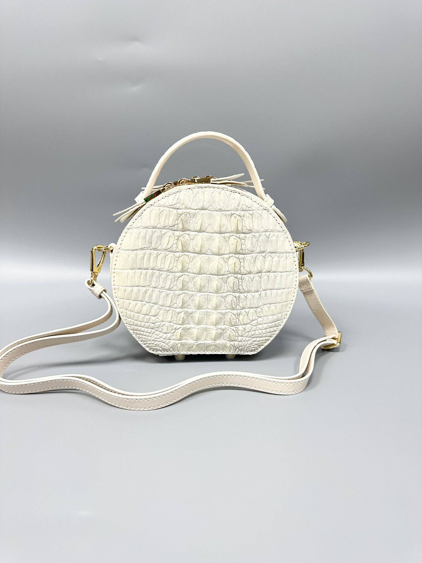 Womens Crocodile Bone Leather Handle Bag , Crocodile Skin Leather  Round Circle Apple Bag Himalaya White