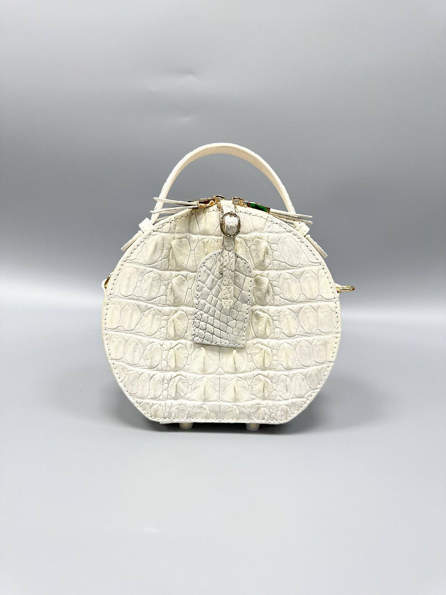 Womens Crocodile Bone Leather Handle Bag , Crocodile Skin Leather  Round Circle Apple Bag Himalaya White