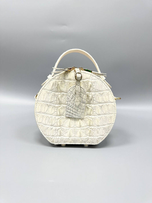 Womens Crocodile Bone Leather Handle Bag , Crocodile Skin Leather  Round Circle Apple Bag Himalaya White