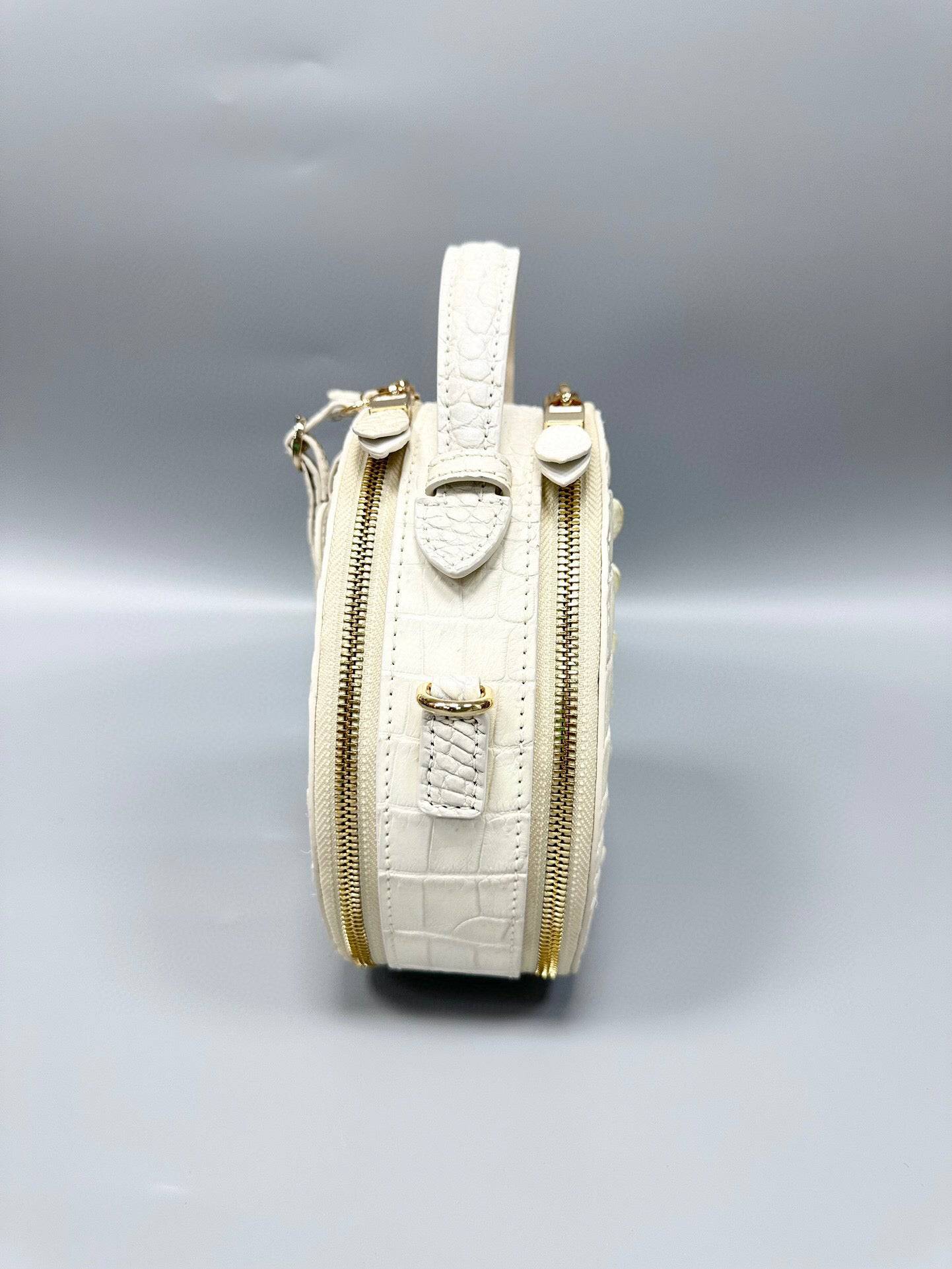 Womens Crocodile Bone Leather Handle Bag , Crocodile Skin Leather  Round Circle Apple Bag Himalaya White