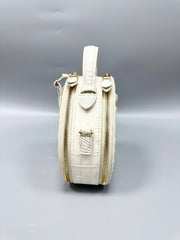 Womens Crocodile Bone Leather Handle Bag , Crocodile Skin Leather  Round Circle Apple Bag Himalaya White