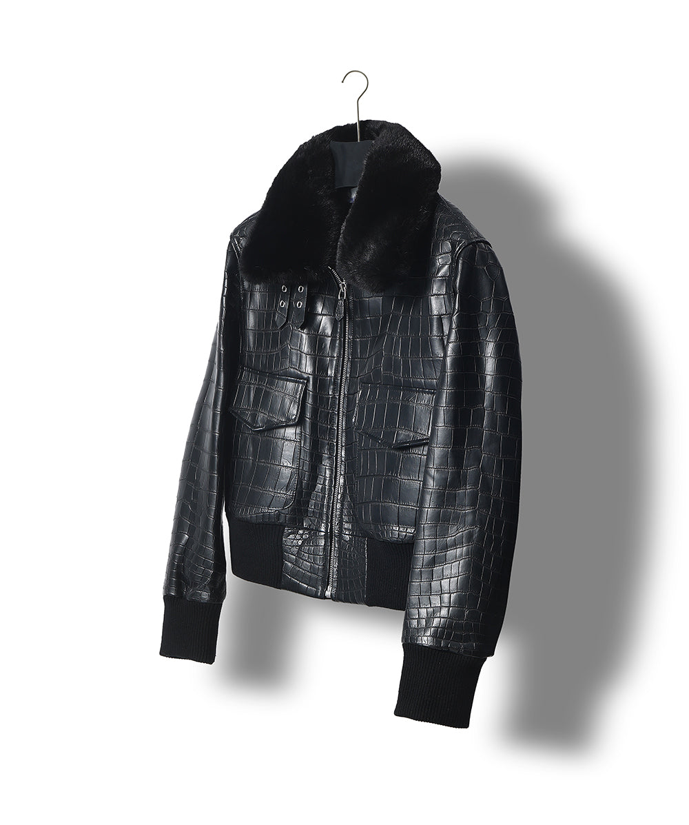 Unisex Crocodile Skin Leather Jacket With Removable Mint Fur Collar Biker Jackets
