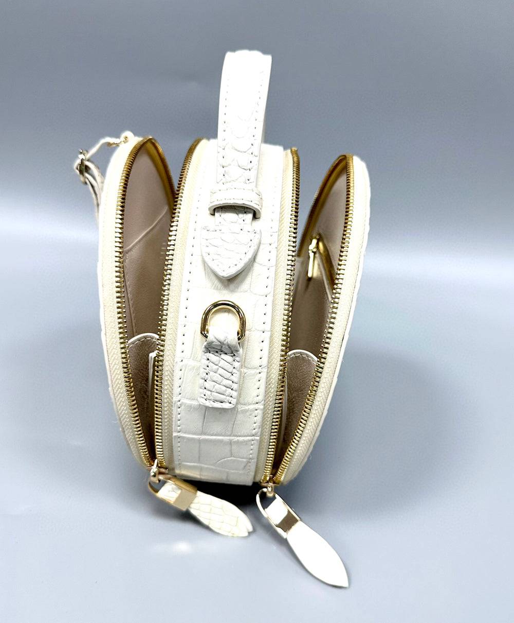 Womens Crocodile Bone Leather Handle Bag , Crocodile Skin Leather  Round Circle Apple Bag Himalaya White