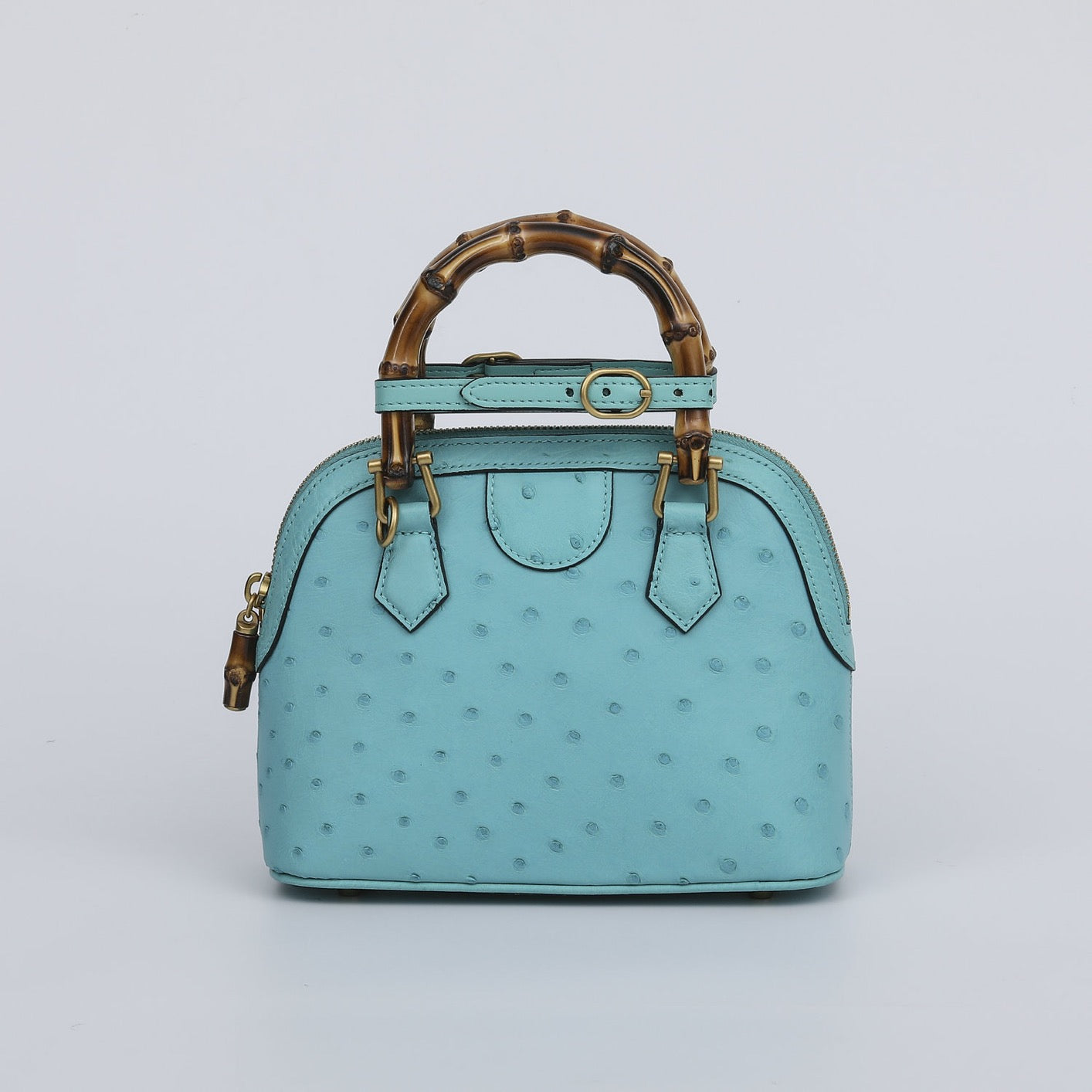 Ostrich Leather Mini Shell Bag Bamboo Handle Top Handle Cross Body Handbag