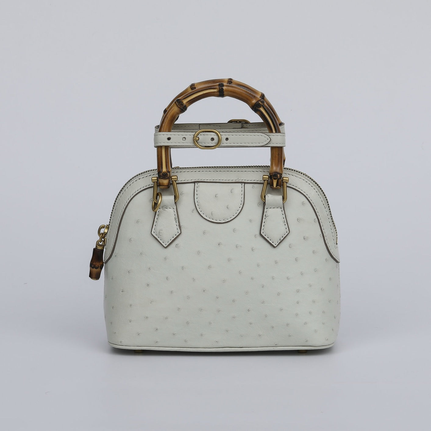 Ostrich Leather Mini Shell Bag Bamboo Handle Top Handle Cross Body Handbag