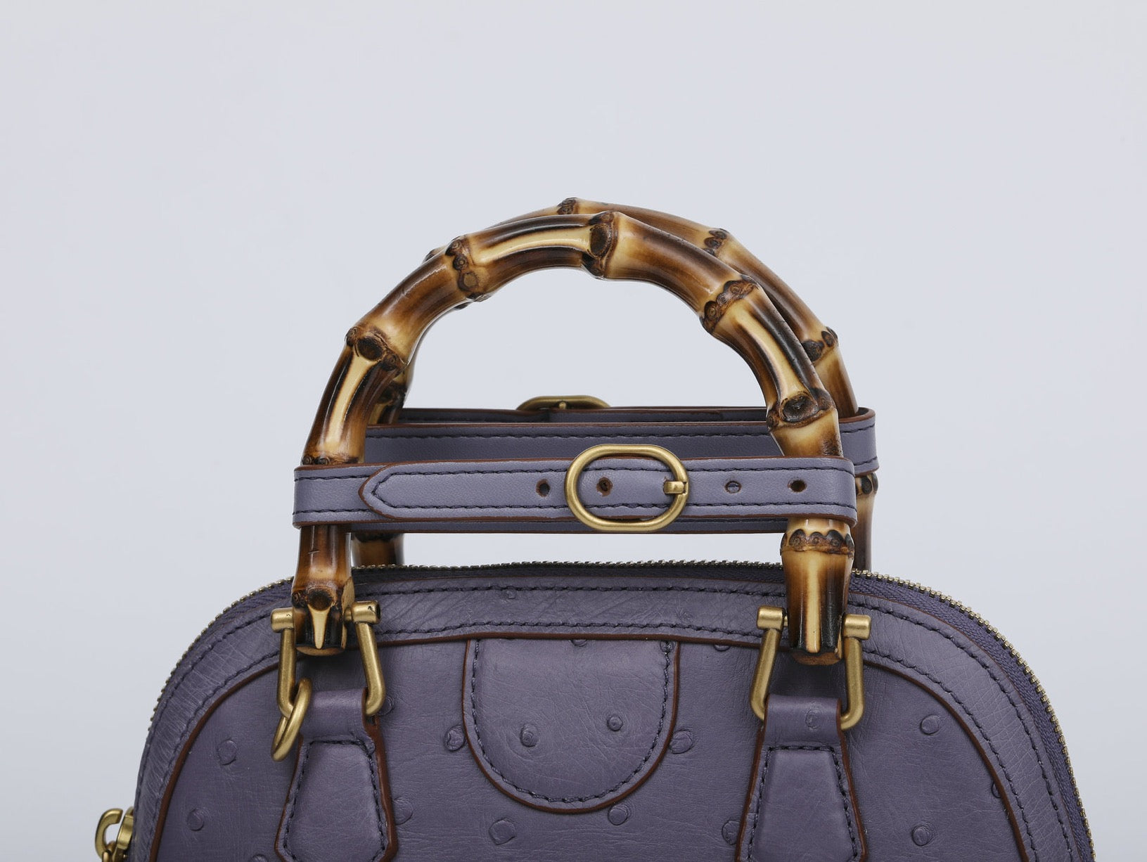 Ostrich Leather Mini Shell Bag Bamboo Handle Top Handle Cross Body Handbag