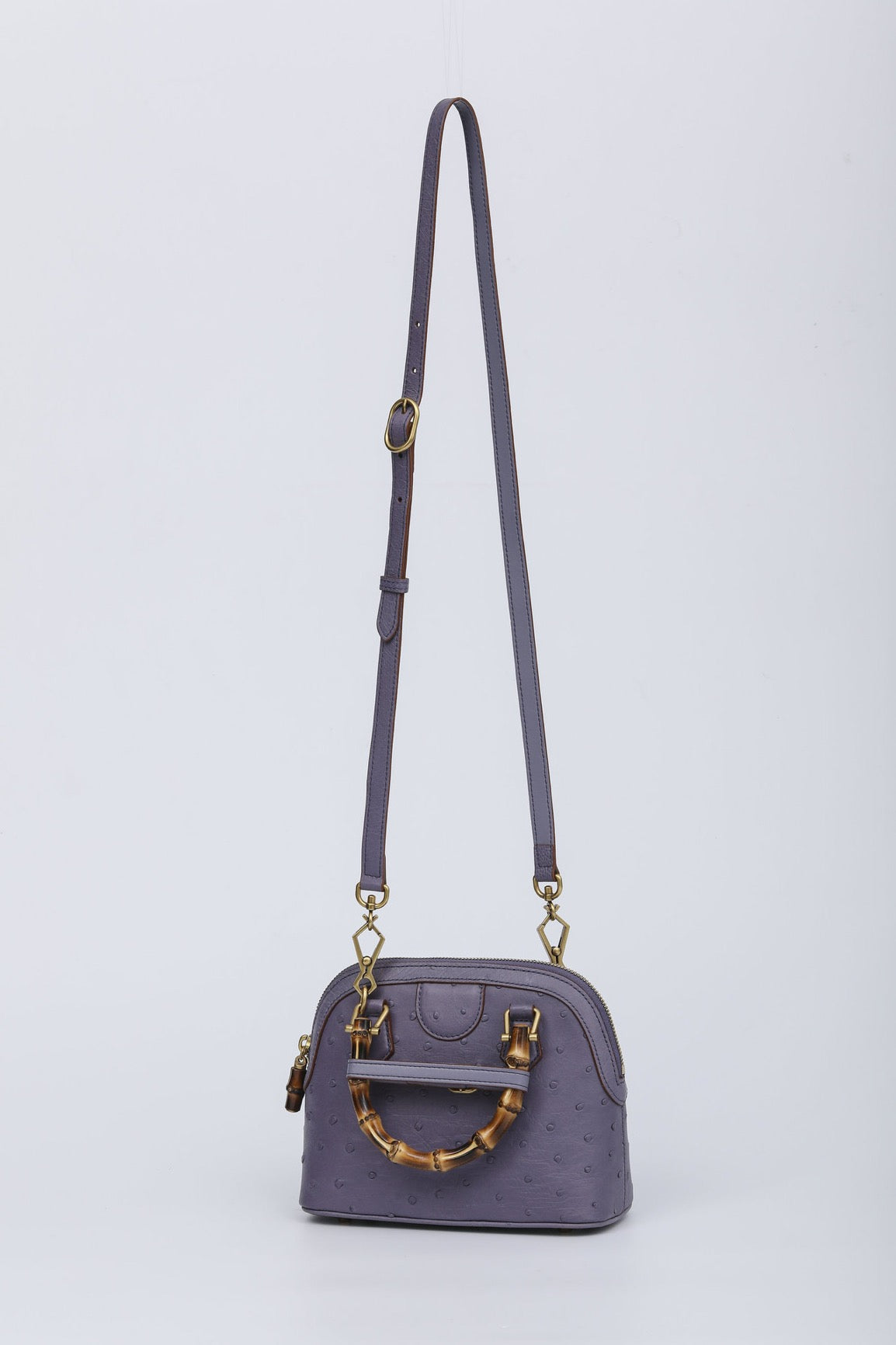 Ostrich Leather Mini Shell Bag Bamboo Handle Top Handle Cross Body Handbag