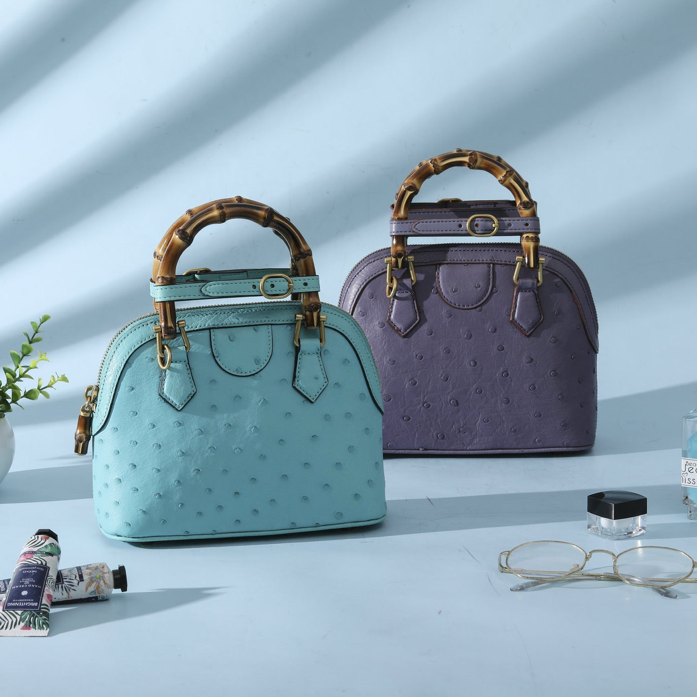 Ostrich Leather Mini Shell Bag Bamboo Handle Top Handle Cross Body Handbag