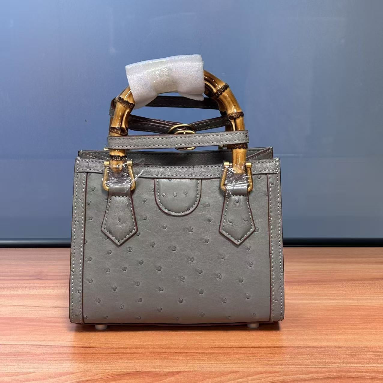 Ostrich Leather Nano Top Handle Cross Body Bag