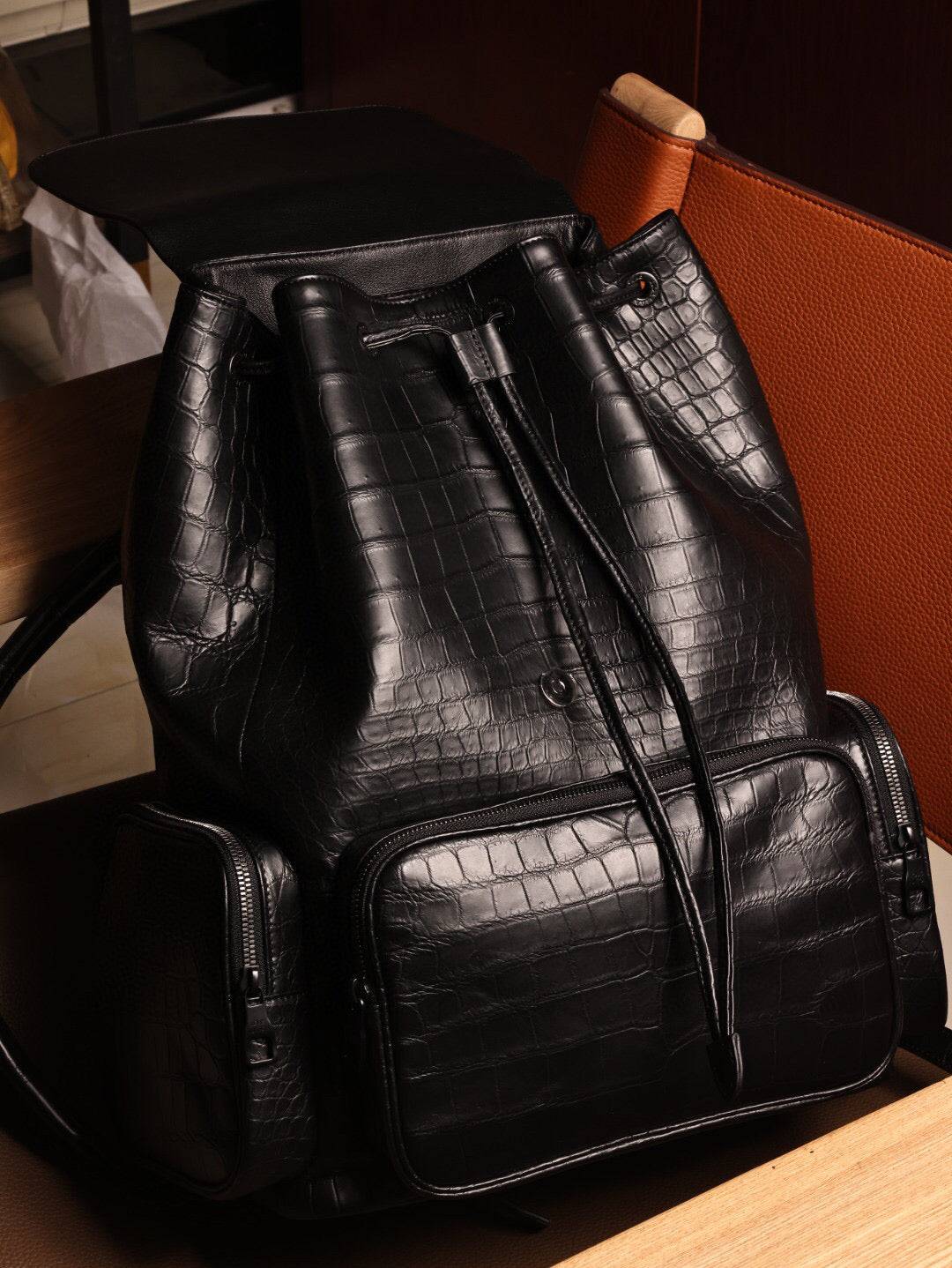 Unisex Black Crocodile Leather Backpack