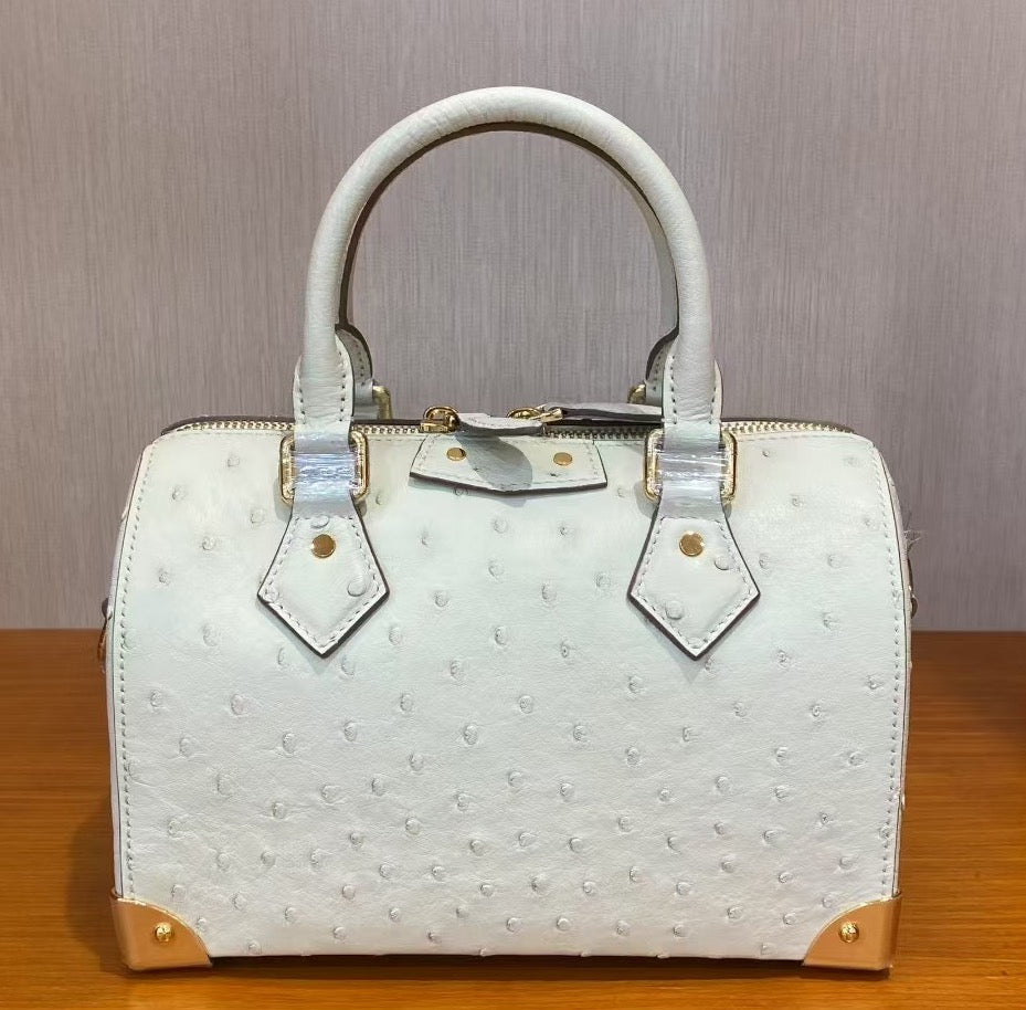 Womens Genuine Ostrich Skin Leathe Top Handle Pillow Bag