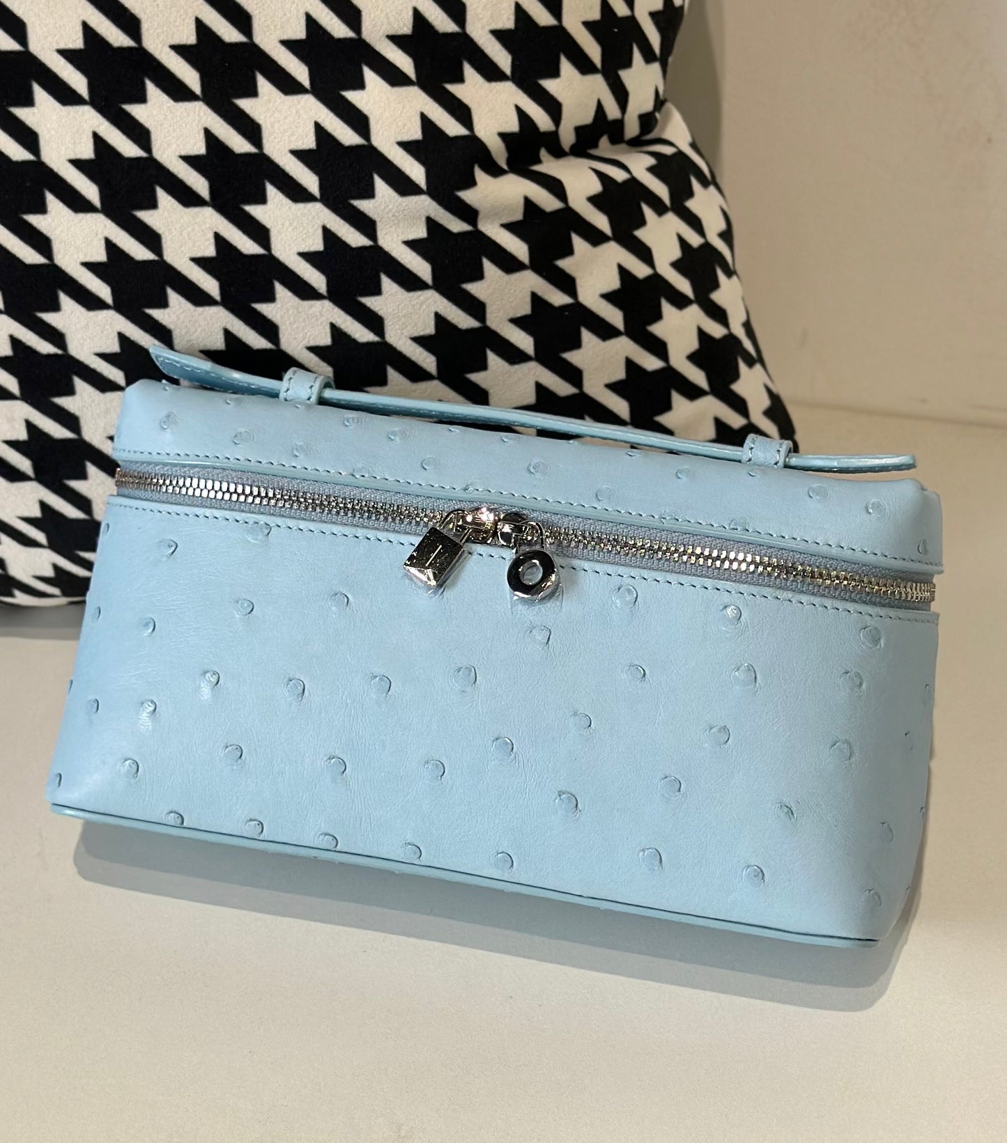 Genuine Ostrich Skin Leather Zipper Cosmetic Handle Bag