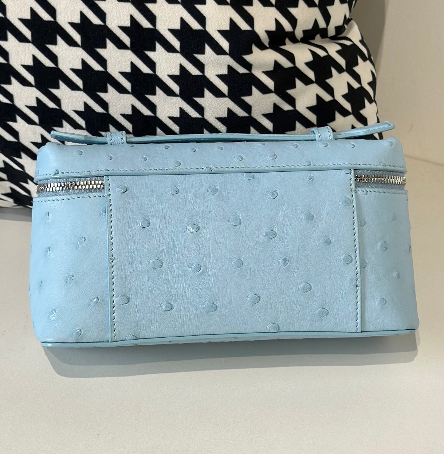 Genuine Ostrich Skin Leather Zipper Cosmetic Handle Bag