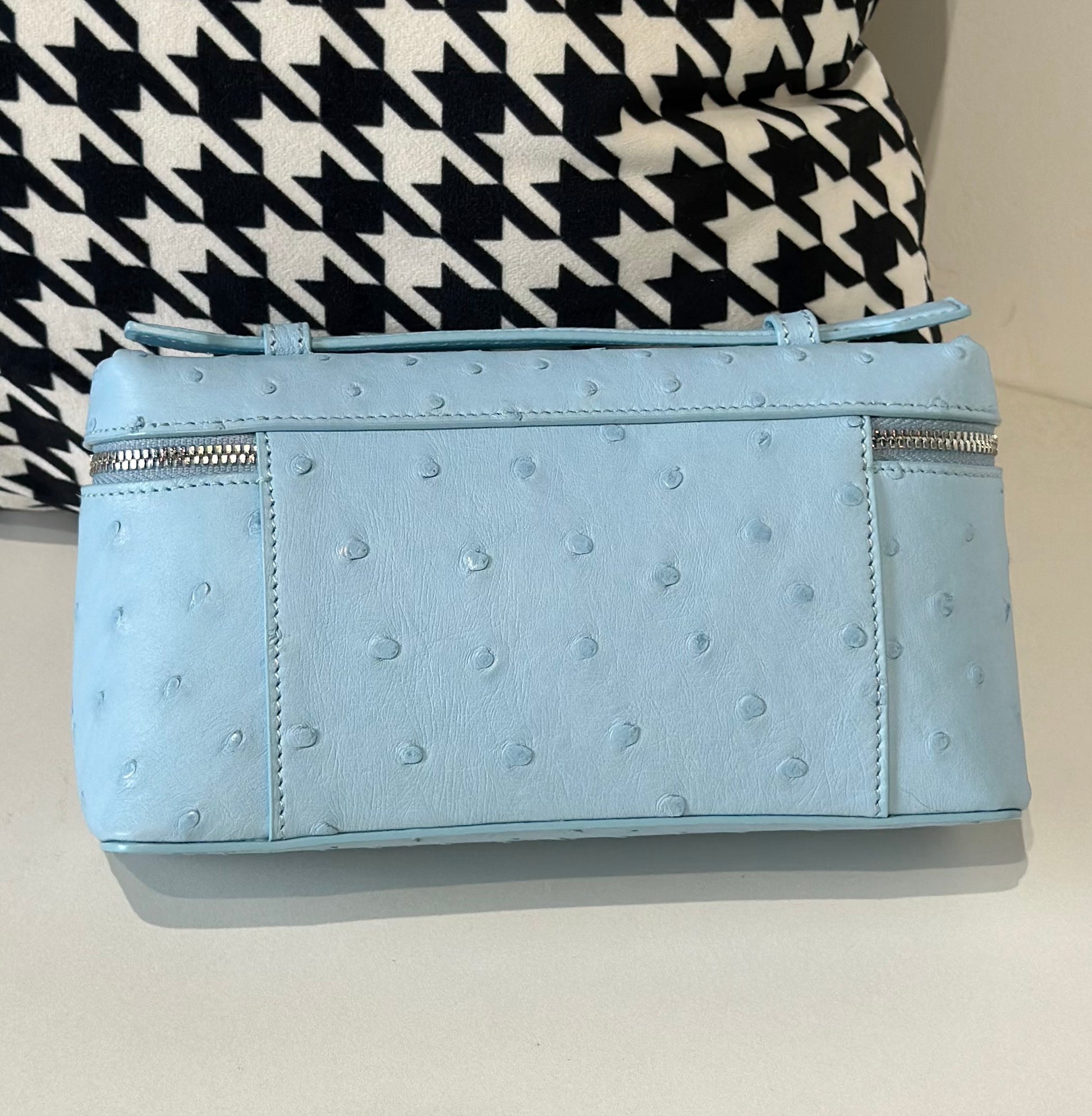 Genuine Ostrich Skin Leather Zipper Cosmetic Handle Bag