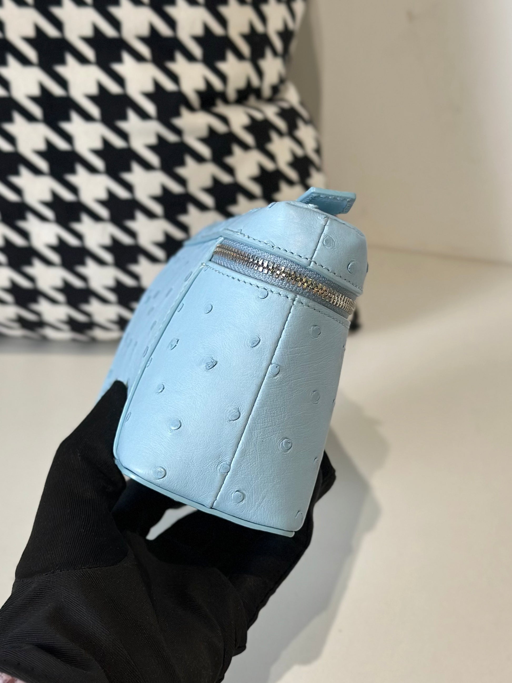 Genuine Ostrich Skin Leather Zipper Cosmetic Handle Bag