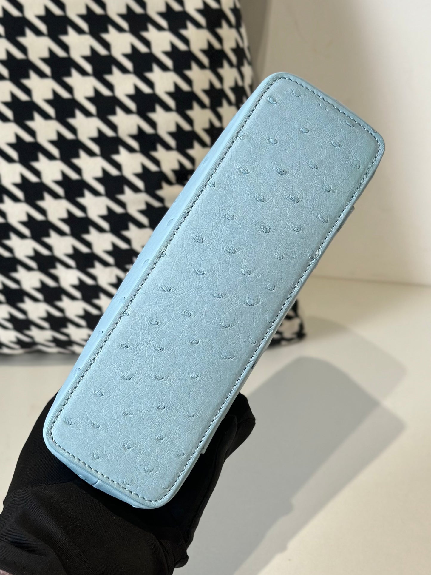 Genuine Ostrich Skin Leather Zipper Cosmetic Handle Bag