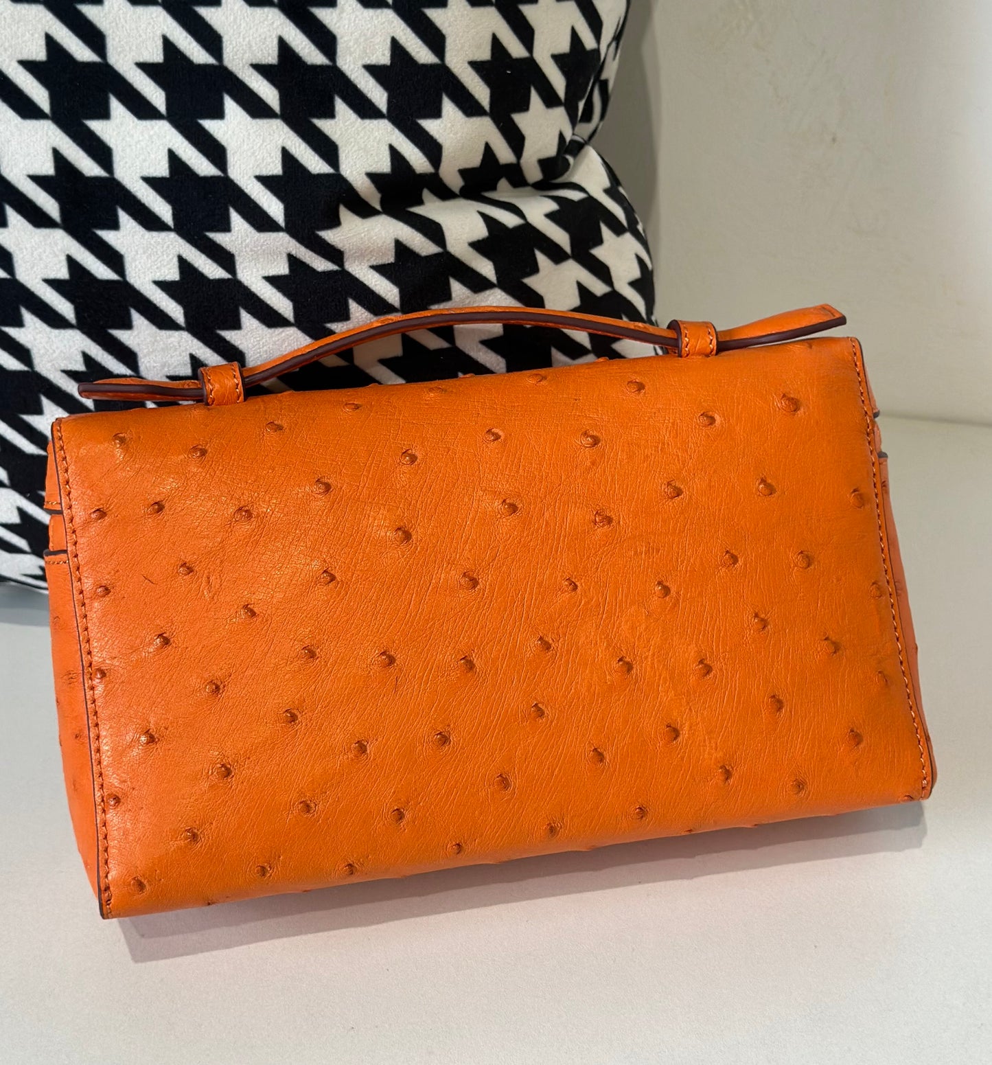 Genuine Ostrich Skin Leather Zipper Cosmetic Handle Bag