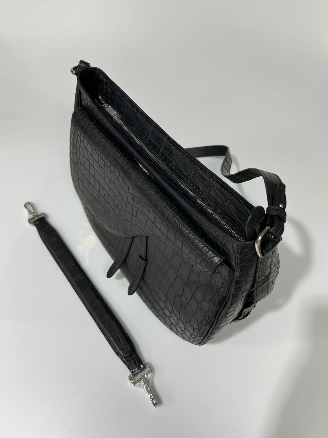 Genuine Crocodile Leather Saddle  Cross Body Handle Bag Black