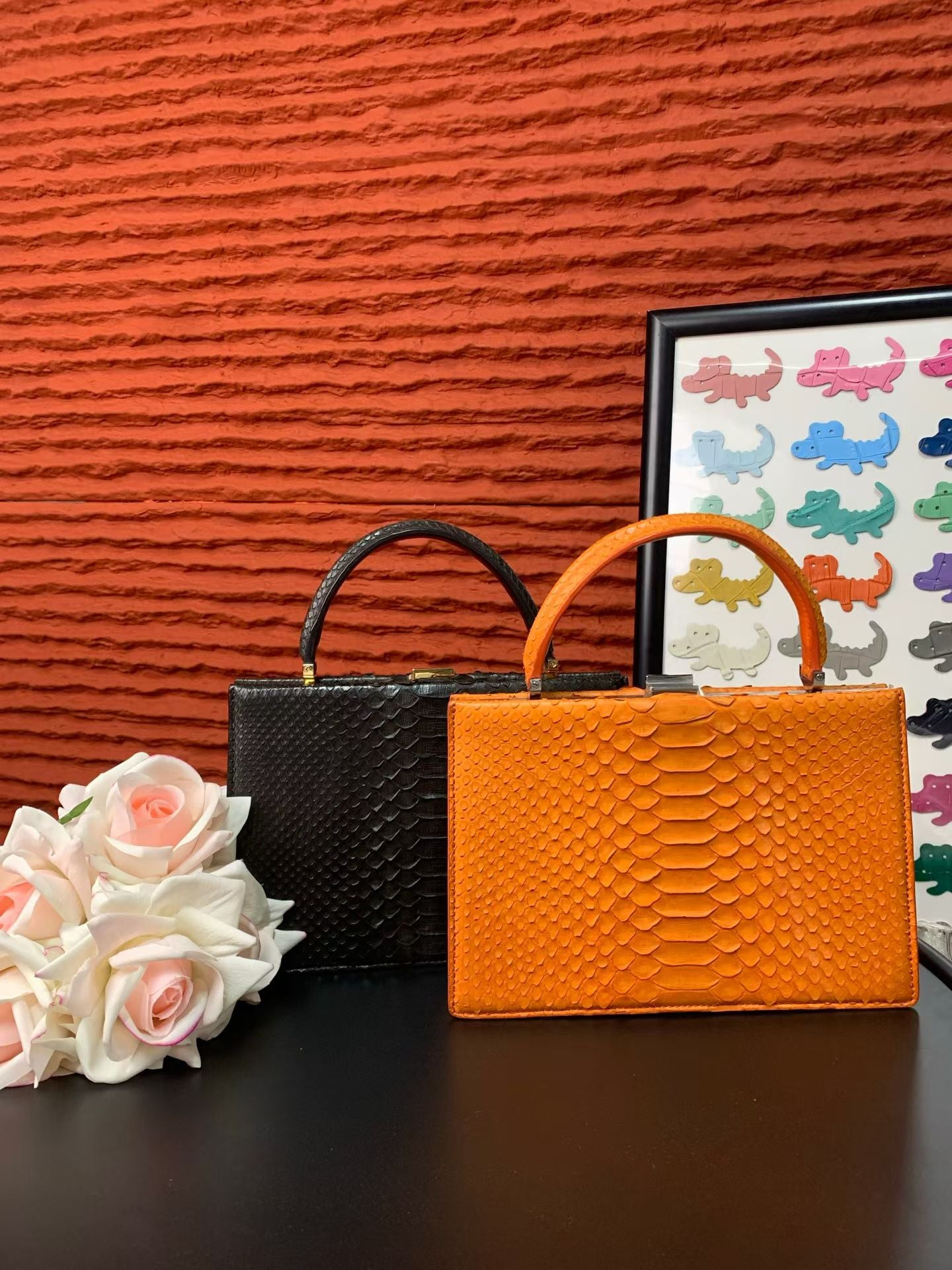 Genuine Python Leather Top Handle Bag