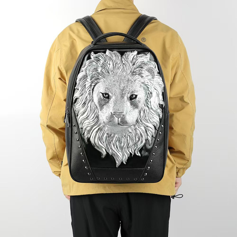 3D Leather Backpack 3D Lion Head Modeling outdoor Backpack Travel Computer Bags Large