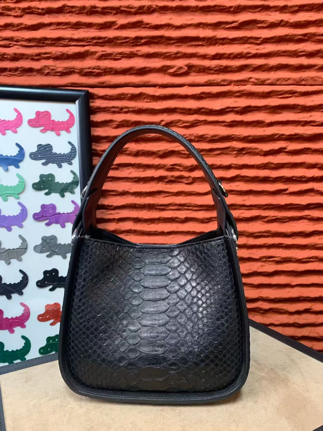 Genuine Python Skin Leather Underarm Cross Body Handle Bag  Black