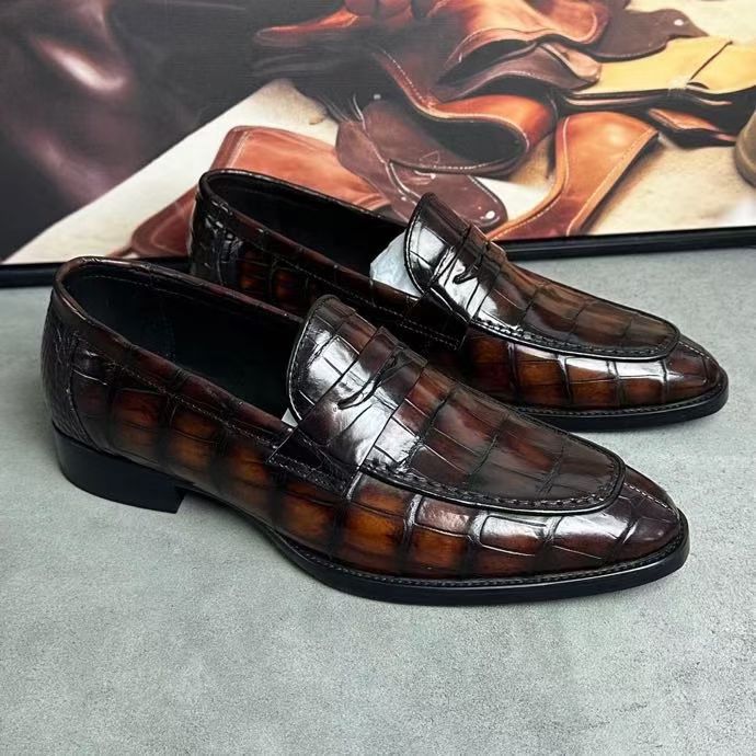 Giày da cá sấu nam phong cách cổ điển, da cá sấu thật, may kiểu Na Uy, buộc dây, giày tây màu đen (Copy)