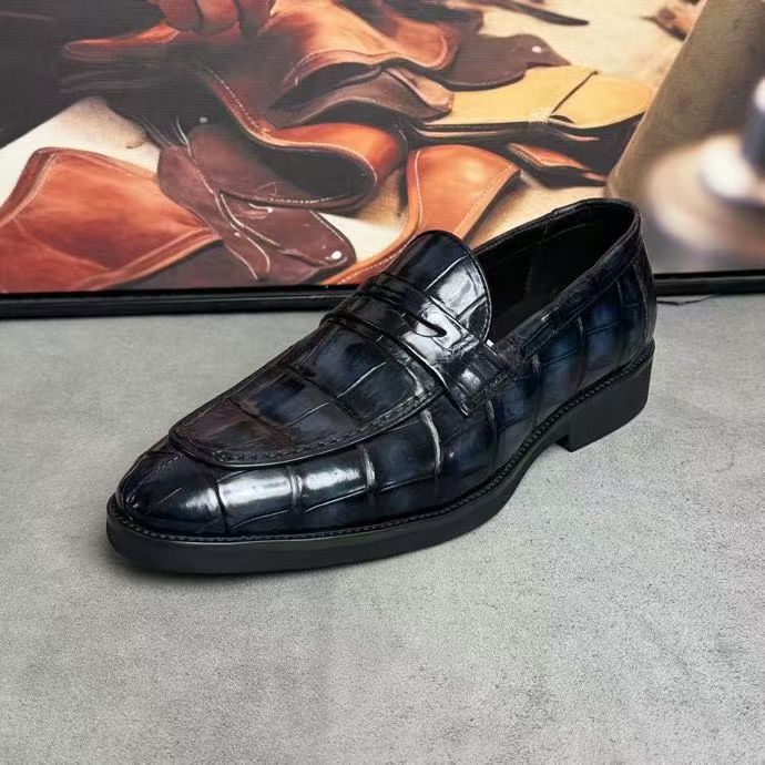 Crocodile Leather Loafer Shoes Vintage Grey