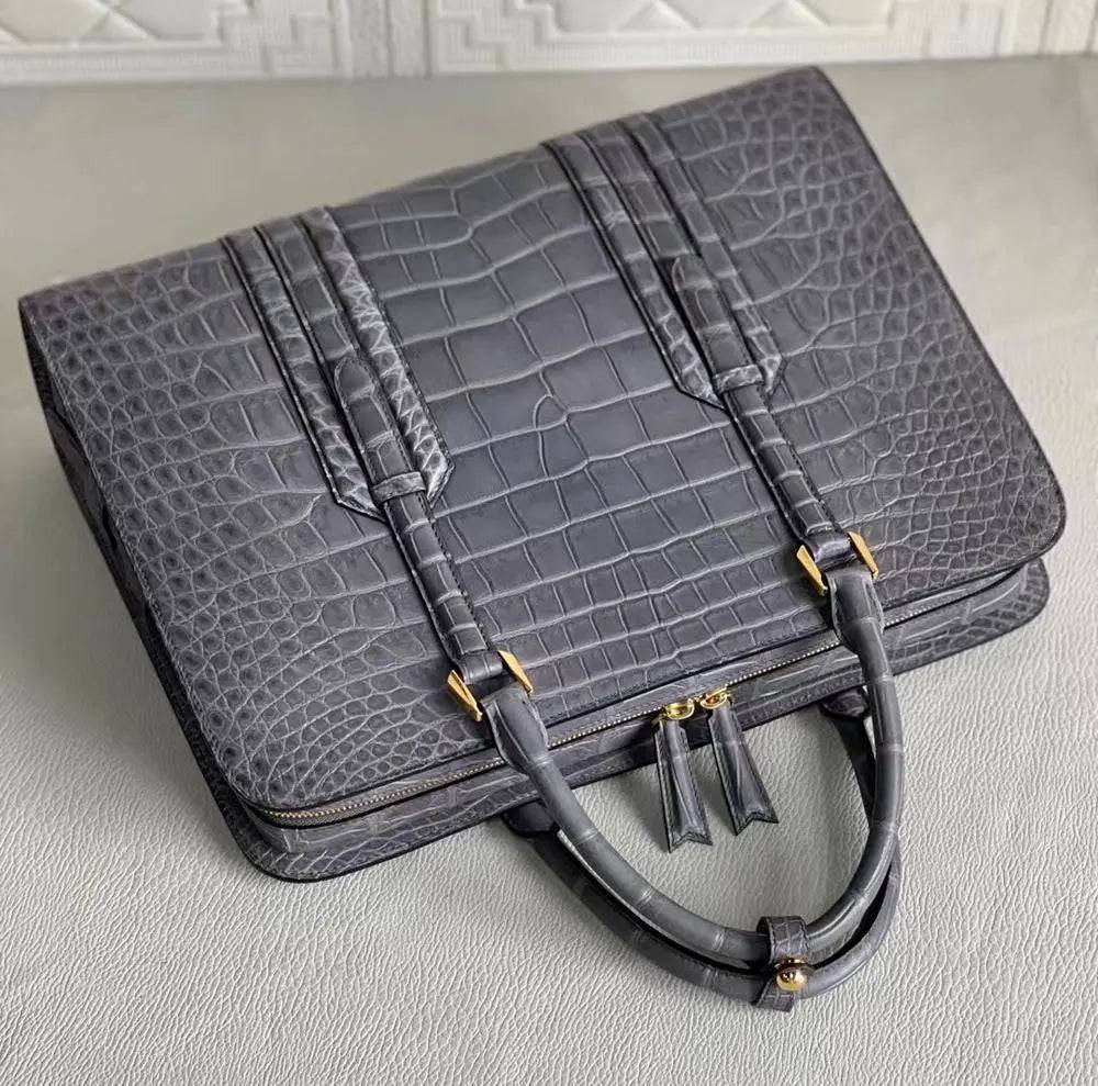 Large Genuine Crocodile Briefcase, Luxury Crocodile Business Bag for Men Grey